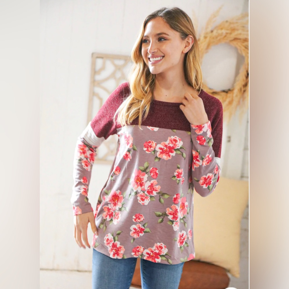 Burgundy Floral Color Block Top - Picture 5 of 7